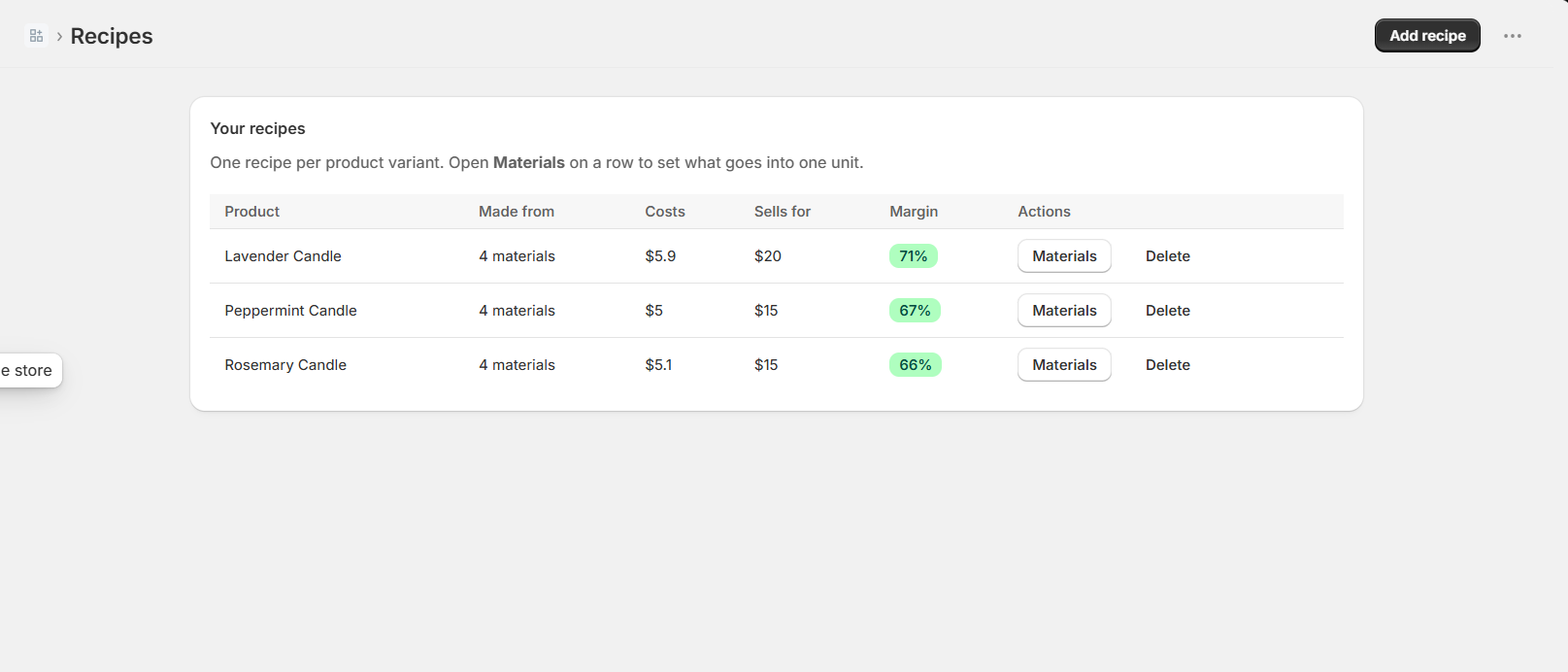 The Benchtop recipes list showing each product, its materials, cost, selling price, and margin