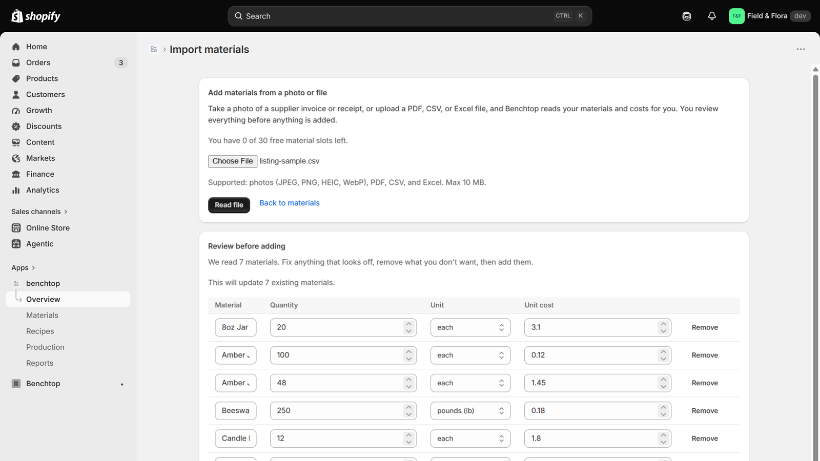Benchtop reading a supplier invoice into an editable list of materials and costs